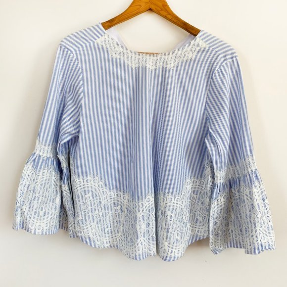 ZARA Striped Blue White Blouse Top Lace Detail - Picture 3 of 14